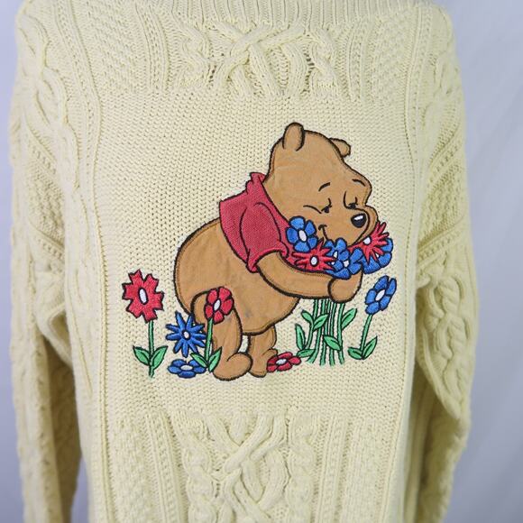 Vintage The Disney Store Winnie the Pooh yellow cable knit sweater L - Picture 2 of 5